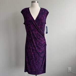 Chaps Surplice Side Ruched Dress Purple Black Floral Large Sleeveless NWT